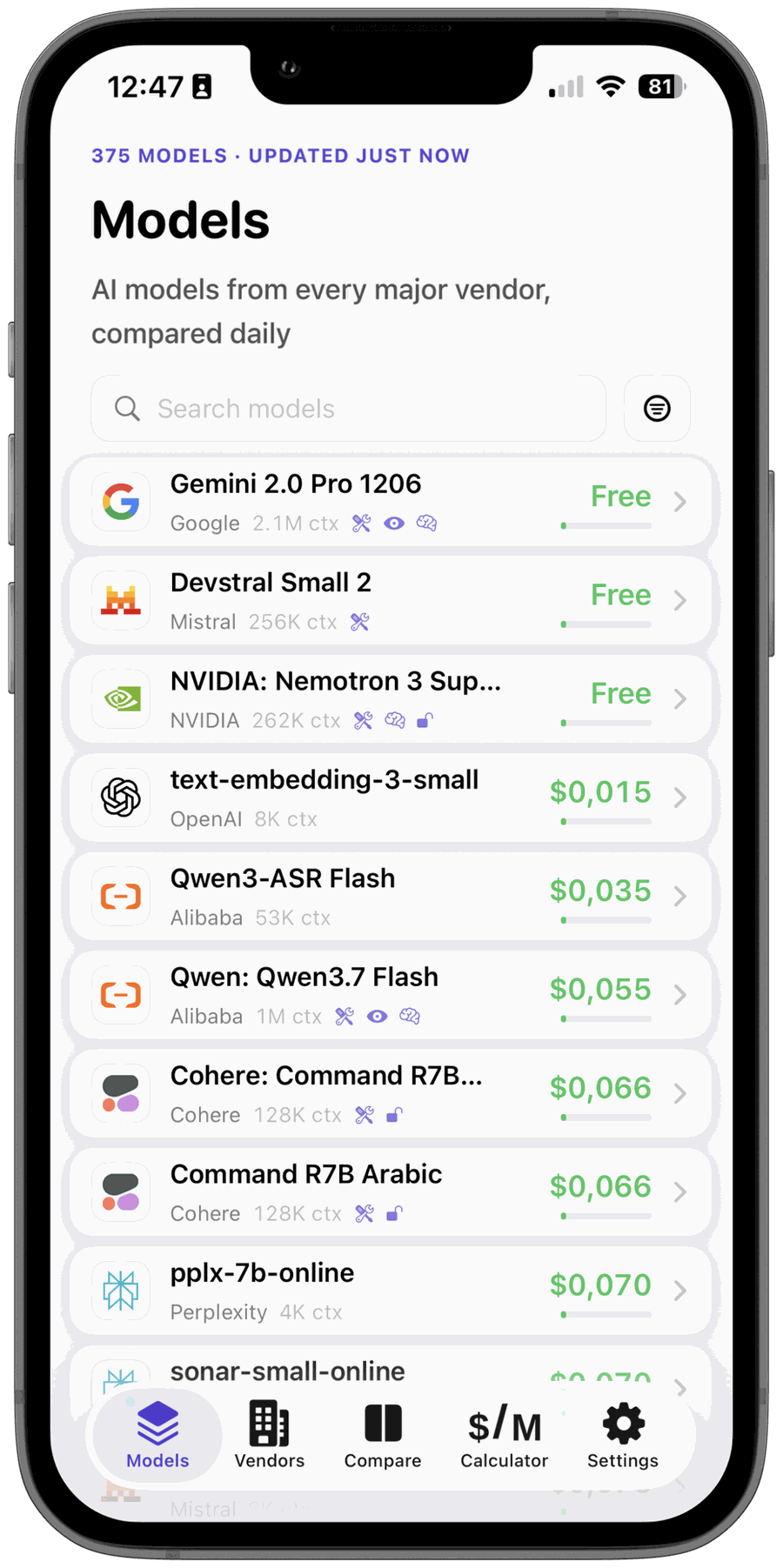 Per Million app showing the Models screen: 375 models listed with vendor, context window and price per million tokens, sorted cheapest first